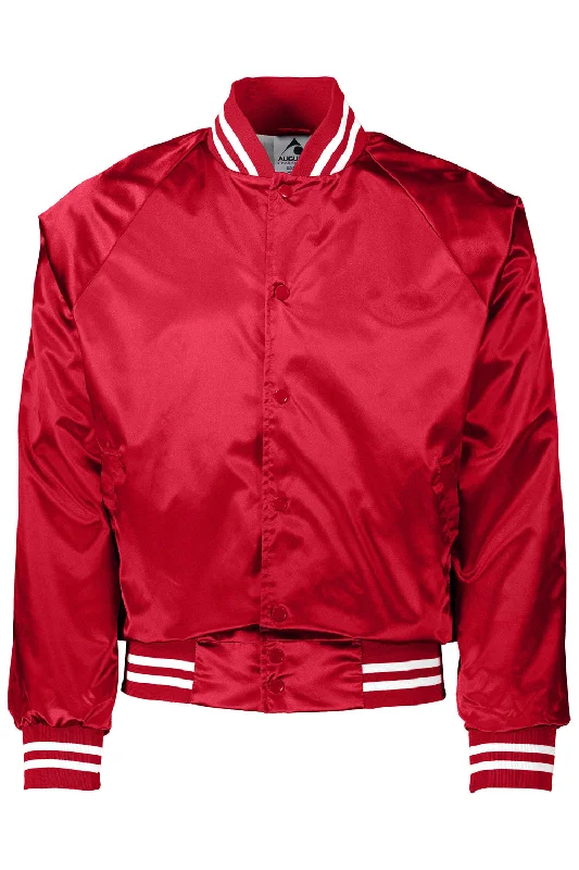 Augusta Sportswear Mens Water Resistant Snap Front Satin Baseball Jacket w/ Striped Trim - Red/White - NEW