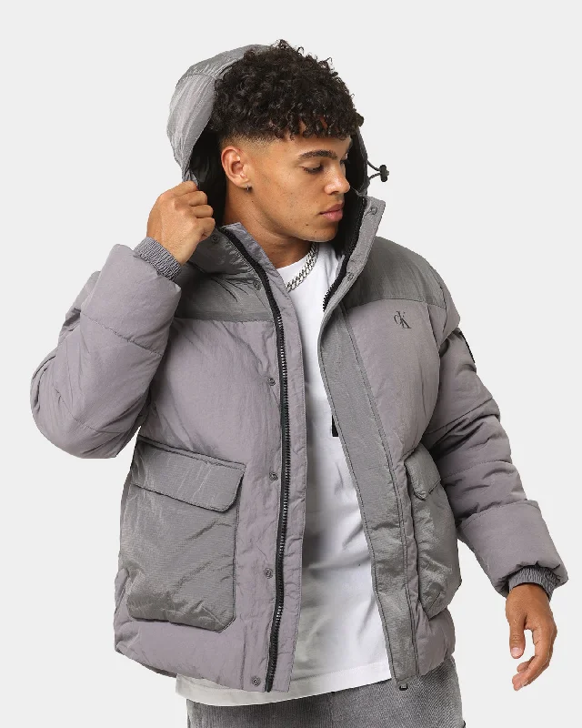 Calvin Klein Ribstop Non Down Hooded Puffer Fossil Grey