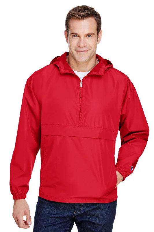 Champion Mens Packable Wind & Water Resistant Anorak 1/4 Zip Hooded Jacket - Scarlet Red