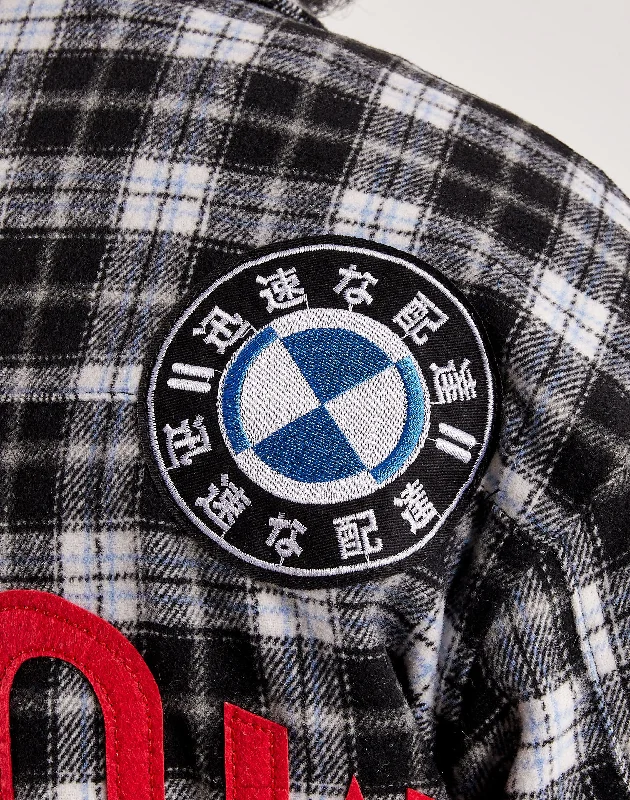 First Row Plaid Woven Moto Jacket