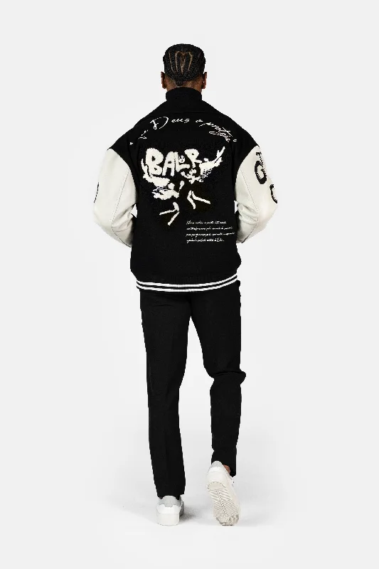 Game of the Gods Graffiti Box Fit Varsity Jacket Jet Black