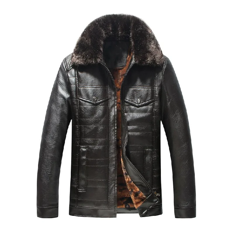 Men's Warm Winter Leather Jacket With Fur Collar