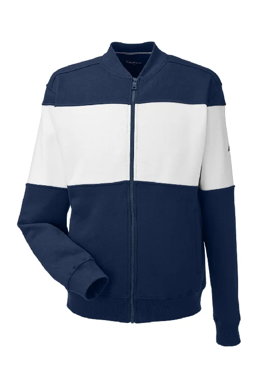 Nautica Mens Anchor Bomber Full Zip Fleece Jacket - Navy Blue/White