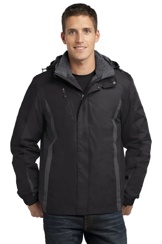 Port Authority Mens 3-in-1 Wind & Water Resistant Full Zip Hooded Jacket - Black/Magnet Grey