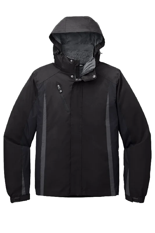 Port Authority Mens 3-in-1 Wind & Water Resistant Full Zip Hooded Jacket - Black/Magnet Grey