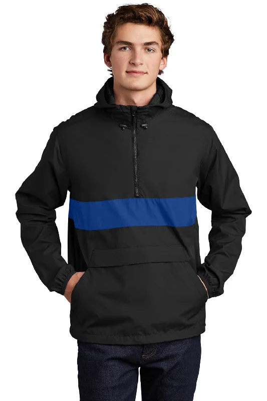 Sport-Tek Mens Hooded 1/4 Zip Jacket - Black/True Royal Blue