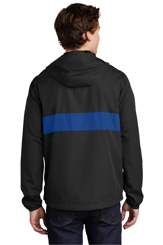 Sport-Tek Mens Hooded 1/4 Zip Jacket - Black/True Royal Blue