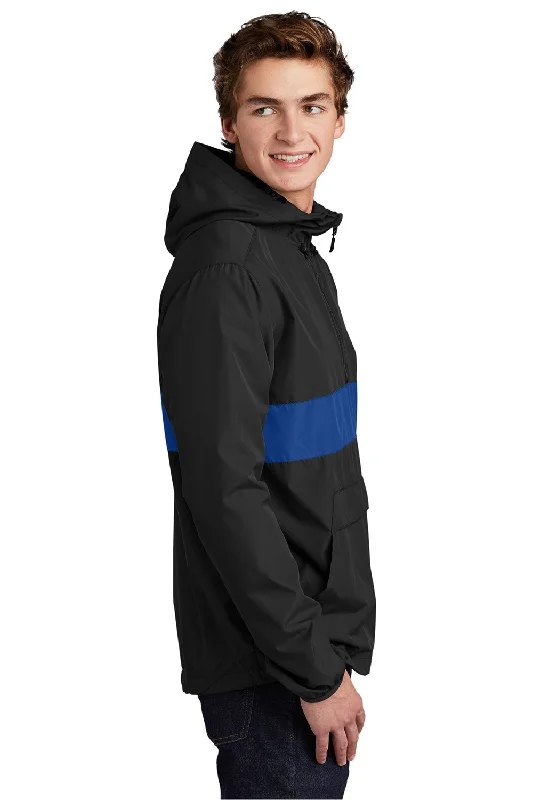 Sport-Tek Mens Hooded 1/4 Zip Jacket - Black/True Royal Blue