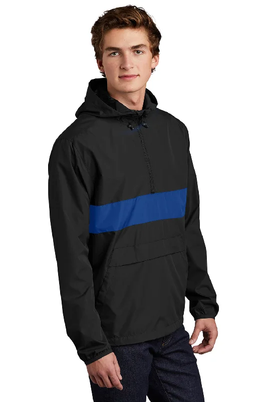 Sport-Tek Mens Hooded 1/4 Zip Jacket - Black/True Royal Blue