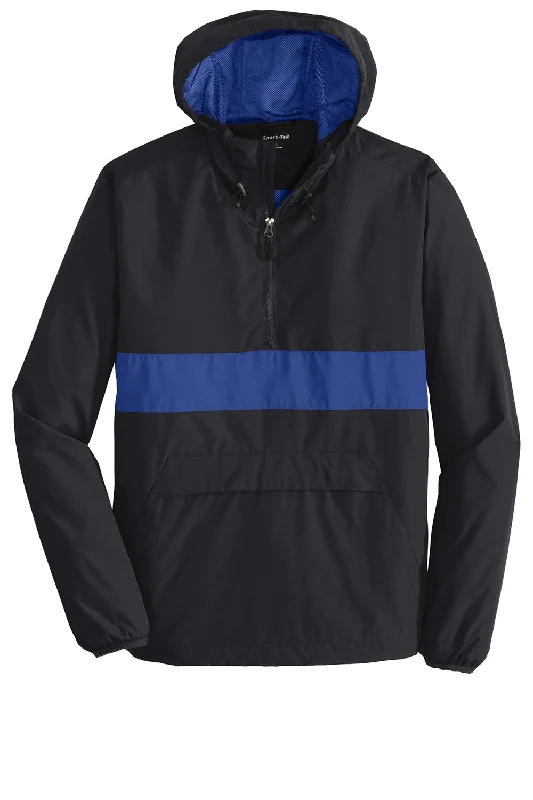 Sport-Tek Mens Hooded 1/4 Zip Jacket - Black/True Royal Blue