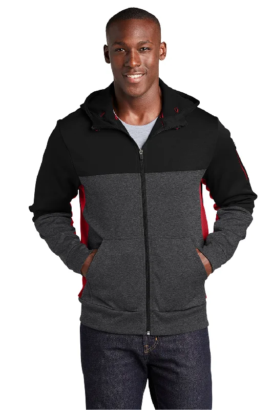 Sport-Tek Mens Moisture Wicking Full Zip Tech Fleece Hooded Jacket - Black/Heather Graphite Grey/True Red