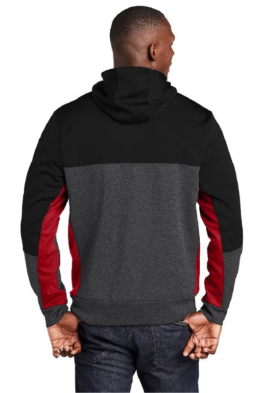 Sport-Tek Mens Moisture Wicking Full Zip Tech Fleece Hooded Jacket - Black/Heather Graphite Grey/True Red