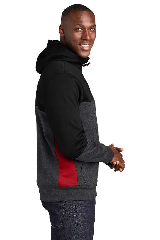 Sport-Tek Mens Moisture Wicking Full Zip Tech Fleece Hooded Jacket - Black/Heather Graphite Grey/True Red