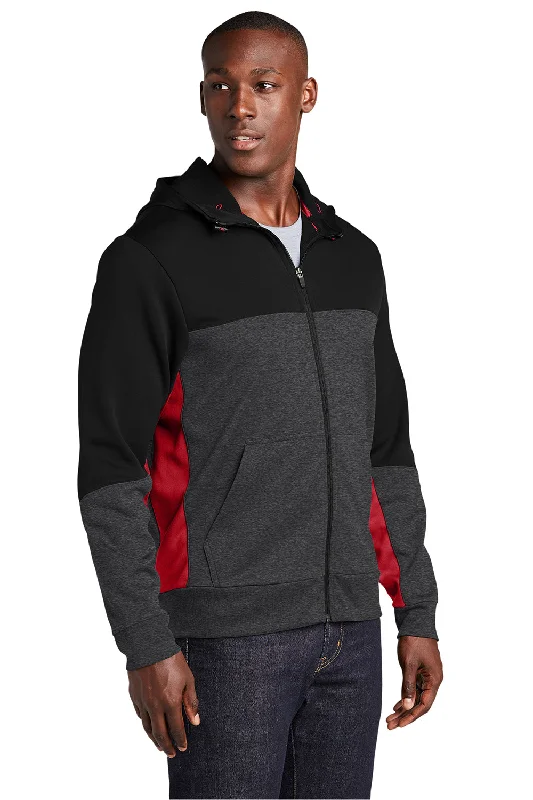 Sport-Tek Mens Moisture Wicking Full Zip Tech Fleece Hooded Jacket - Black/Heather Graphite Grey/True Red