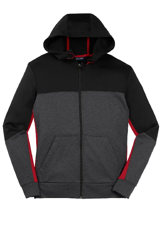 Sport-Tek Mens Moisture Wicking Full Zip Tech Fleece Hooded Jacket - Black/Heather Graphite Grey/True Red