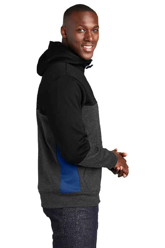 Sport-Tek Mens Moisture Wicking Full Zip Tech Fleece Hooded Jacket - Black/Heather Graphite Grey/True Royal Blue