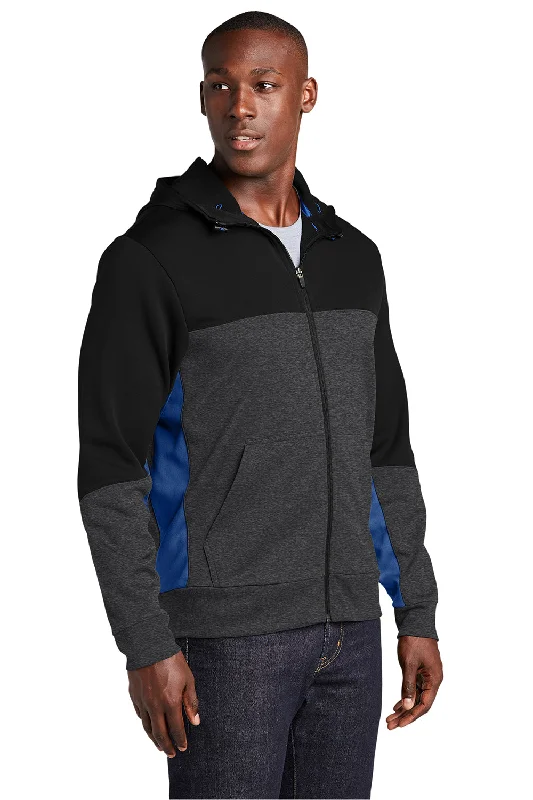 Sport-Tek Mens Moisture Wicking Full Zip Tech Fleece Hooded Jacket - Black/Heather Graphite Grey/True Royal Blue