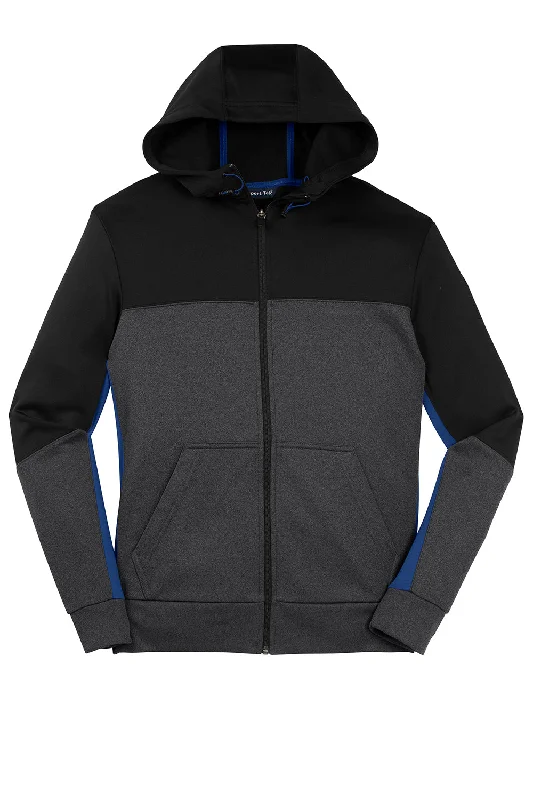 Sport-Tek Mens Moisture Wicking Full Zip Tech Fleece Hooded Jacket - Black/Heather Graphite Grey/True Royal Blue