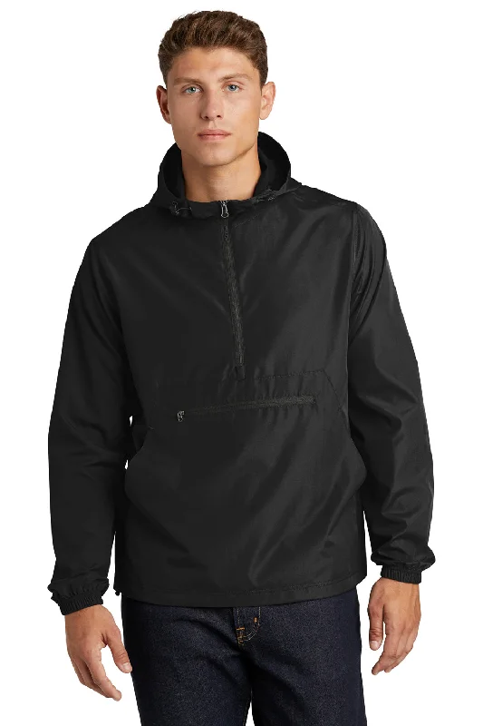 Sport-Tek Mens Packable Anorak 1/4 Zip Hooded Jacket - Black