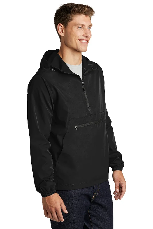 Sport-Tek Mens Packable Anorak 1/4 Zip Hooded Jacket - Black