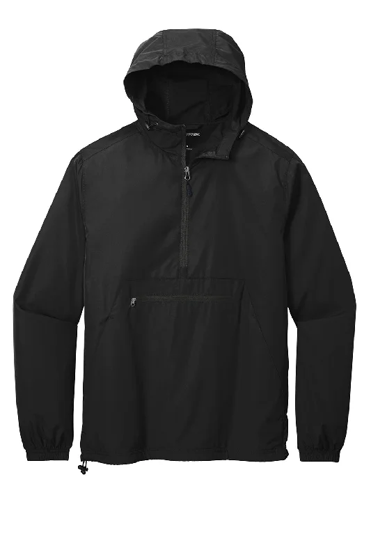 Sport-Tek Mens Packable Anorak 1/4 Zip Hooded Jacket - Black