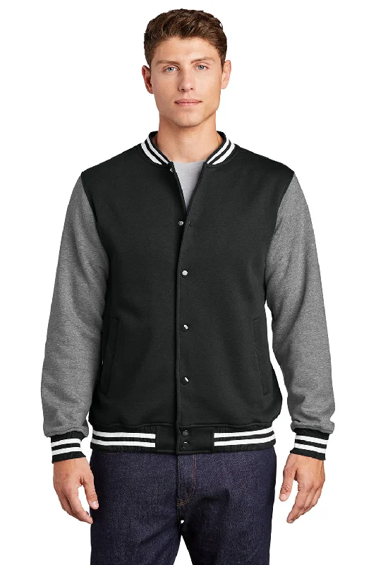 Sport-Tek Mens Snap Down Fleece Letterman Jacket - Black/Heather Vintage Grey/White