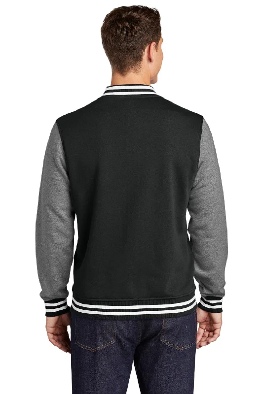 Sport-Tek Mens Snap Down Fleece Letterman Jacket - Black/Heather Vintage Grey/White