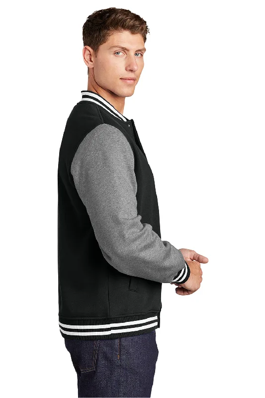 Sport-Tek Mens Snap Down Fleece Letterman Jacket - Black/Heather Vintage Grey/White