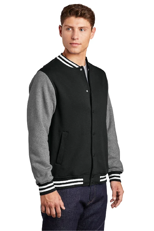 Sport-Tek Mens Snap Down Fleece Letterman Jacket - Black/Heather Vintage Grey/White