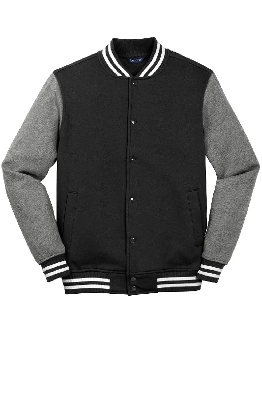 Sport-Tek Mens Snap Down Fleece Letterman Jacket - Black/Heather Vintage Grey/White