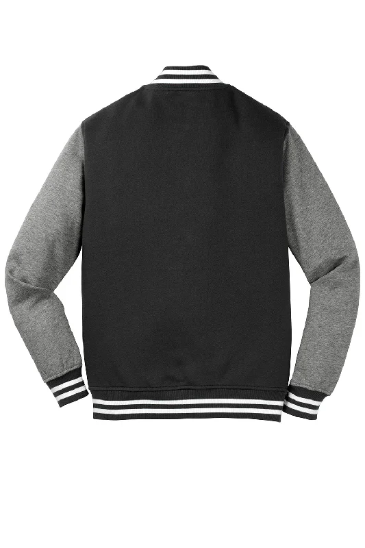 Sport-Tek Mens Snap Down Fleece Letterman Jacket - Black/Heather Vintage Grey/White