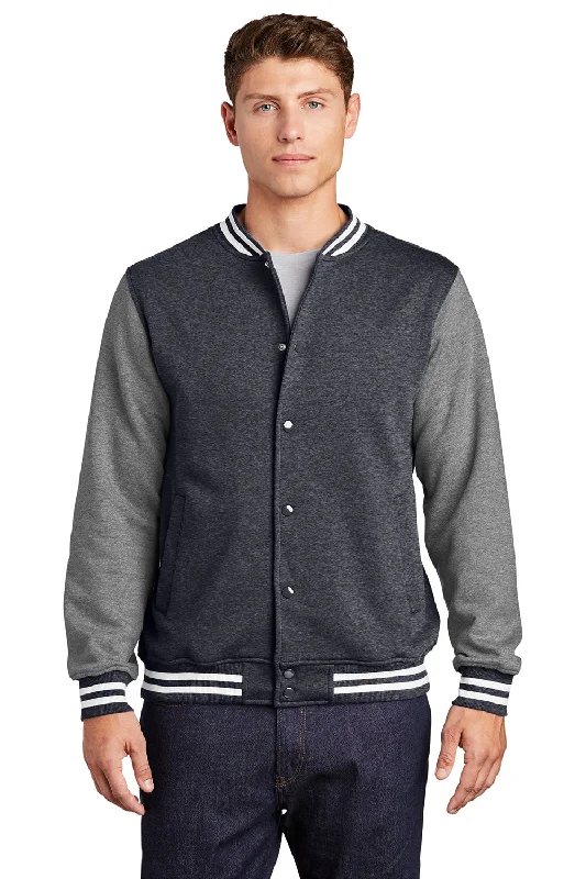 Sport-Tek Mens Snap Down Fleece Letterman Jacket - Heather Graphite Grey/Heather Vintage Grey/White