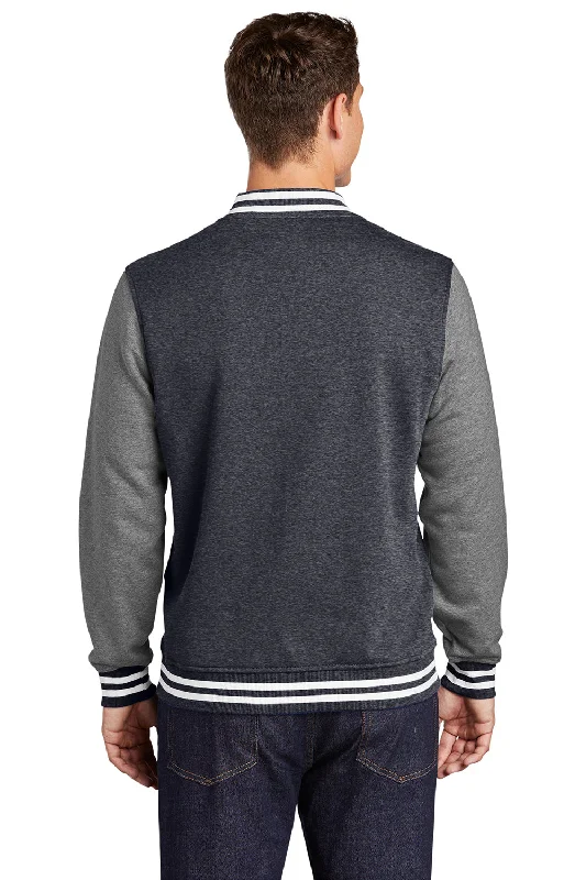 Sport-Tek Mens Snap Down Fleece Letterman Jacket - Heather Graphite Grey/Heather Vintage Grey/White