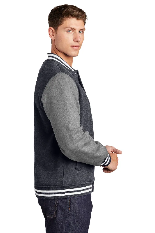 Sport-Tek Mens Snap Down Fleece Letterman Jacket - Heather Graphite Grey/Heather Vintage Grey/White