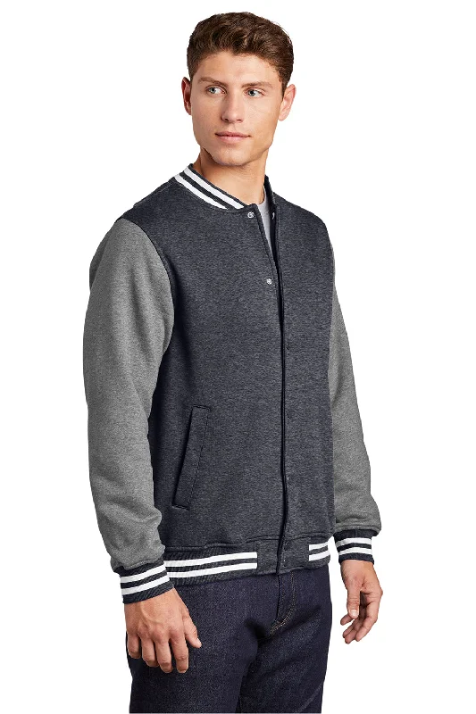 Sport-Tek Mens Snap Down Fleece Letterman Jacket - Heather Graphite Grey/Heather Vintage Grey/White