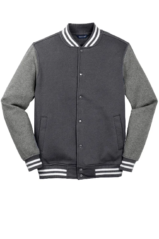 Sport-Tek Mens Snap Down Fleece Letterman Jacket - Heather Graphite Grey/Heather Vintage Grey/White