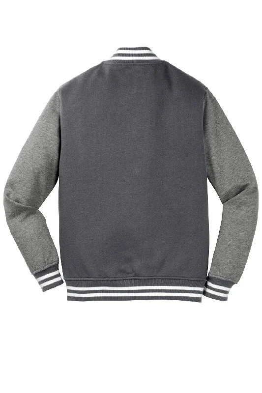 Sport-Tek Mens Snap Down Fleece Letterman Jacket - Heather Graphite Grey/Heather Vintage Grey/White