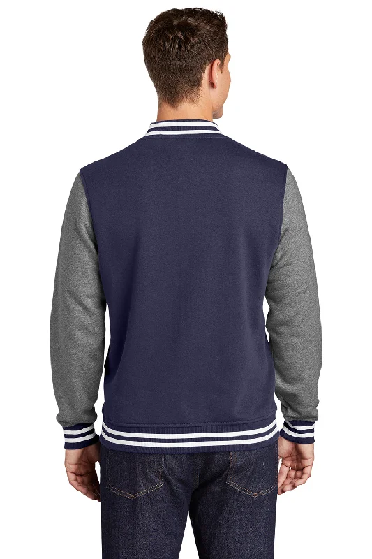 Sport-Tek Mens Snap Down Fleece Letterman Jacket - True Navy Blue/Heather Vintage Grey/White