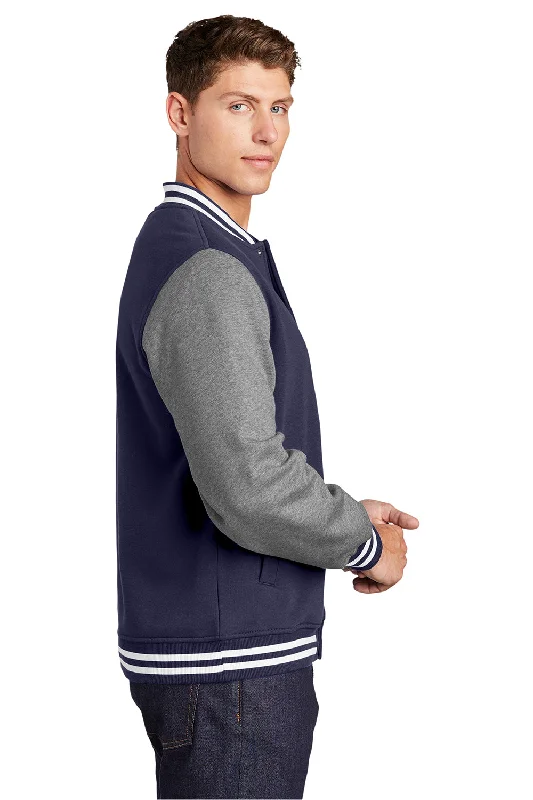 Sport-Tek Mens Snap Down Fleece Letterman Jacket - True Navy Blue/Heather Vintage Grey/White