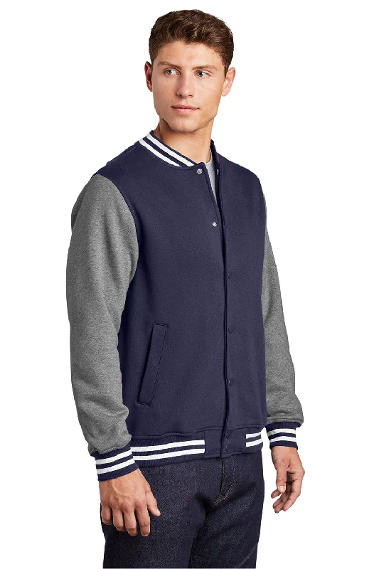 Sport-Tek Mens Snap Down Fleece Letterman Jacket - True Navy Blue/Heather Vintage Grey/White