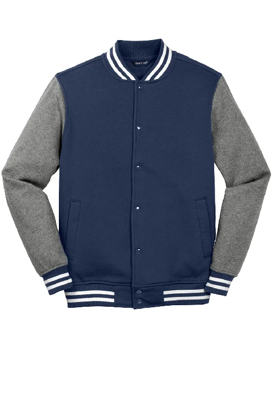 Sport-Tek Mens Snap Down Fleece Letterman Jacket - True Navy Blue/Heather Vintage Grey/White