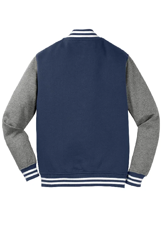 Sport-Tek Mens Snap Down Fleece Letterman Jacket - True Navy Blue/Heather Vintage Grey/White