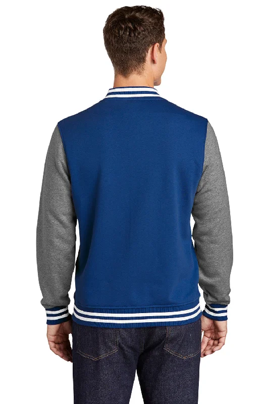 Sport-Tek Mens Snap Down Fleece Letterman Jacket - True Royal Blue/Heather Vintage Grey/White