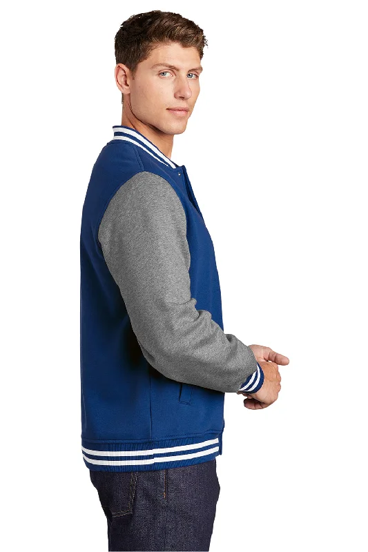 Sport-Tek Mens Snap Down Fleece Letterman Jacket - True Royal Blue/Heather Vintage Grey/White