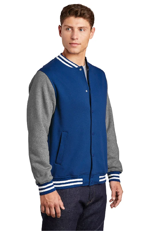 Sport-Tek Mens Snap Down Fleece Letterman Jacket - True Royal Blue/Heather Vintage Grey/White