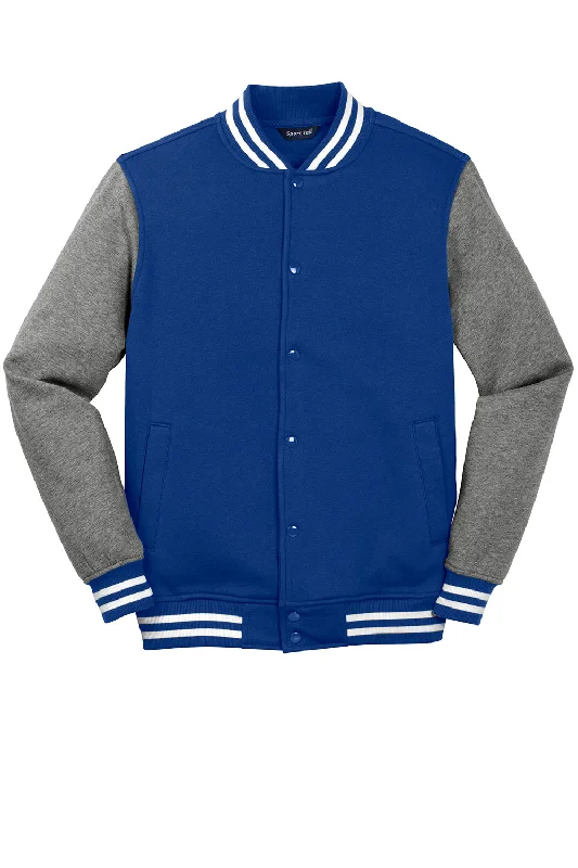 Sport-Tek Mens Snap Down Fleece Letterman Jacket - True Royal Blue/Heather Vintage Grey/White