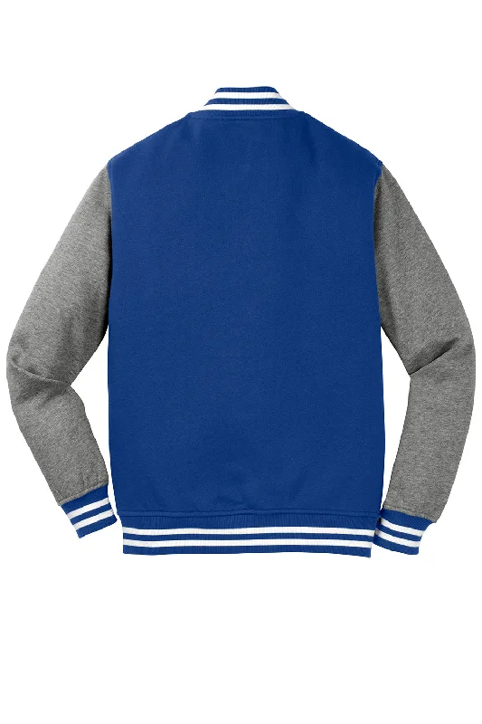 Sport-Tek Mens Snap Down Fleece Letterman Jacket - True Royal Blue/Heather Vintage Grey/White