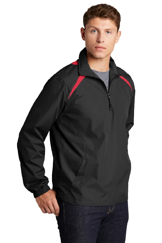 Sport-Tek Mens Water Resistant 1/4 Zip Wind Jacket - Black/True Red