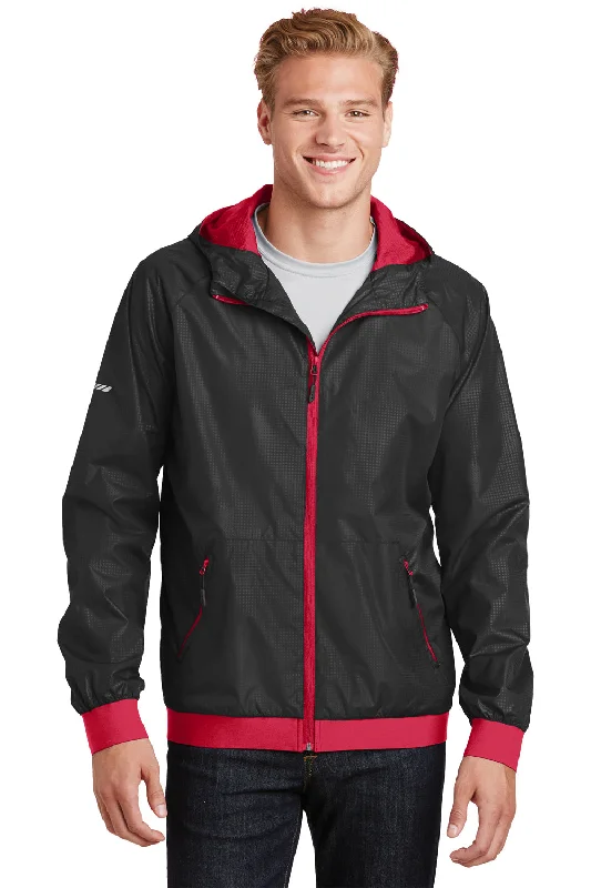 Sport-Tek Mens Wind & Water Resistant Full Zip Hooded Jacket - Black/True Red - Closeout