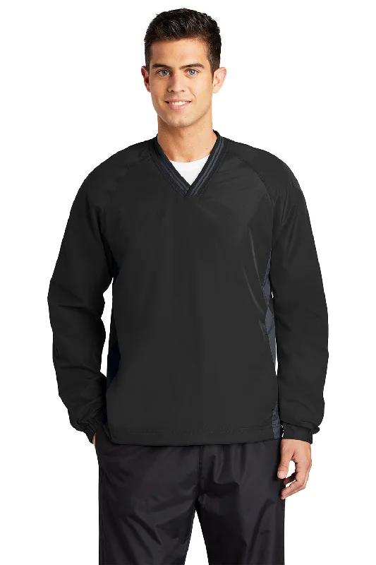 Sport-Tek Mens Water Resistant V-Neck Jacket - Black/Graphite Grey